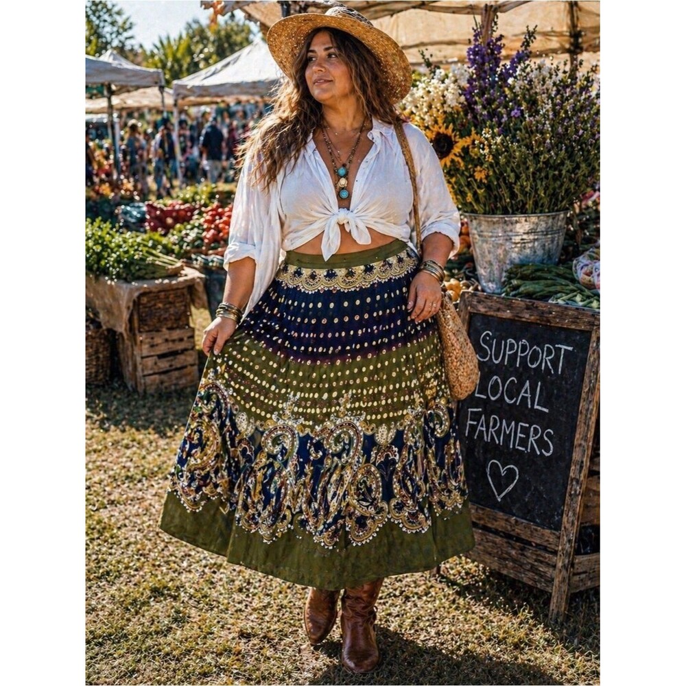 Zashi L Paisley Embroidered Olive & Navy Circle Skirt